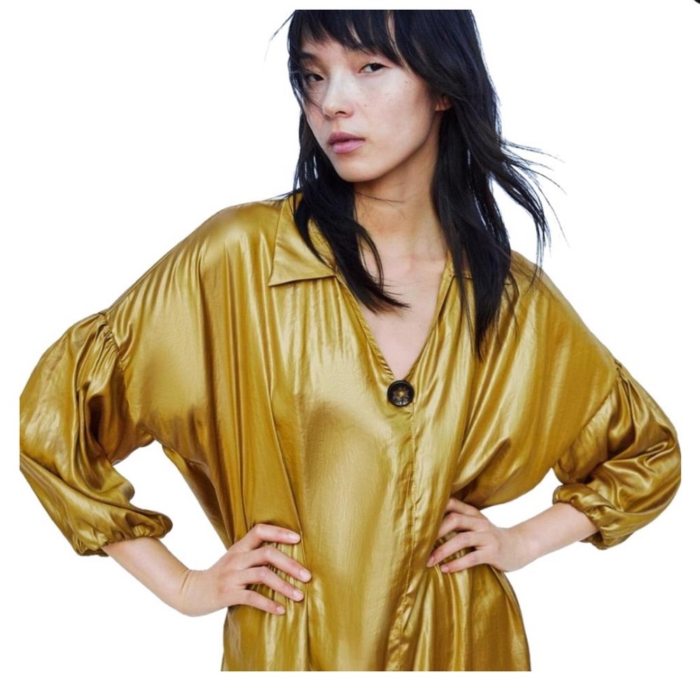 Zara Mustard Wrinkle Effect Night Out Dress